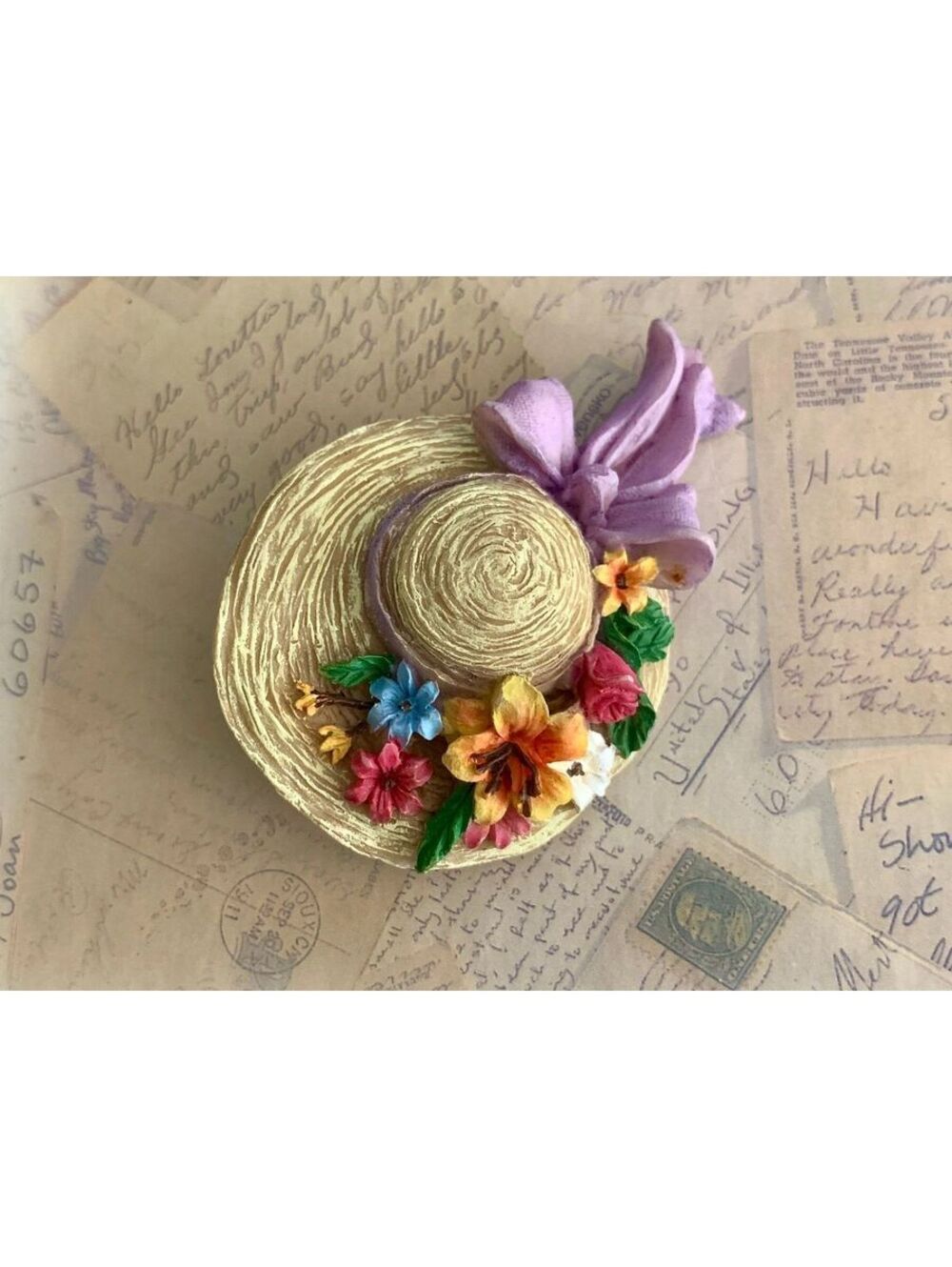 Vintage Charming Floral Straw Hat Pin with Purple Ribbon Accent